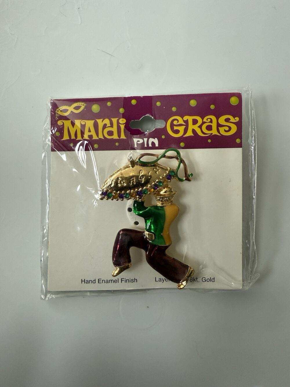 VTG Mardi Gras Umbrella Parade Dancer Green Yellow Pin Brooch 18k Gold